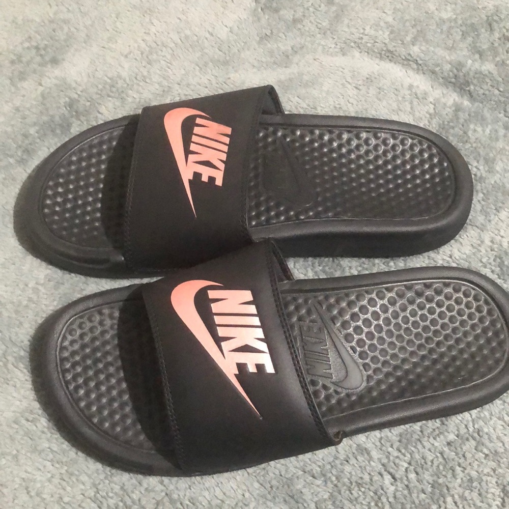 Nike black and rose gold slides